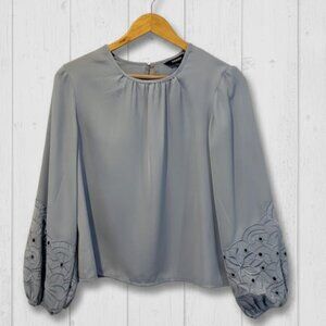 Slate Blue Embroidered Balloon Sleeve Blouse - Size Small